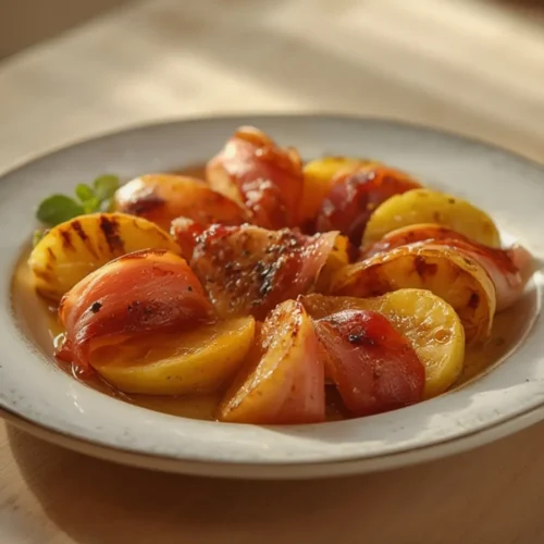 grilled apples with prosciutto: : Grilled apples with prosciutto and honey on a plate