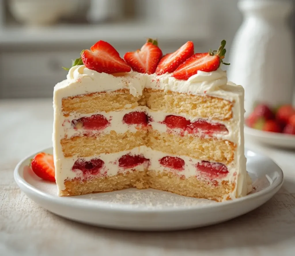 strawberry shortcake cake: : Strawberry shortcake cake with layered vanilla sponge, whipped cream, and fresh strawberries.