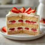 strawberry shortcake cake: : Strawberry shortcake cake with layered vanilla sponge, whipped cream, and fresh strawberries.