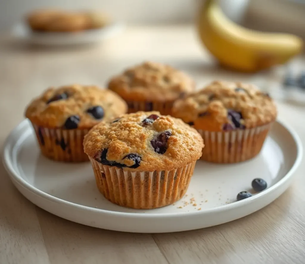 Irresistible Banana Blueberry Muffins in 55 Minutes 1 banana blueberry muffins: : Freshly baked banana blueberry muffins with a tender crumb and juicy berries.