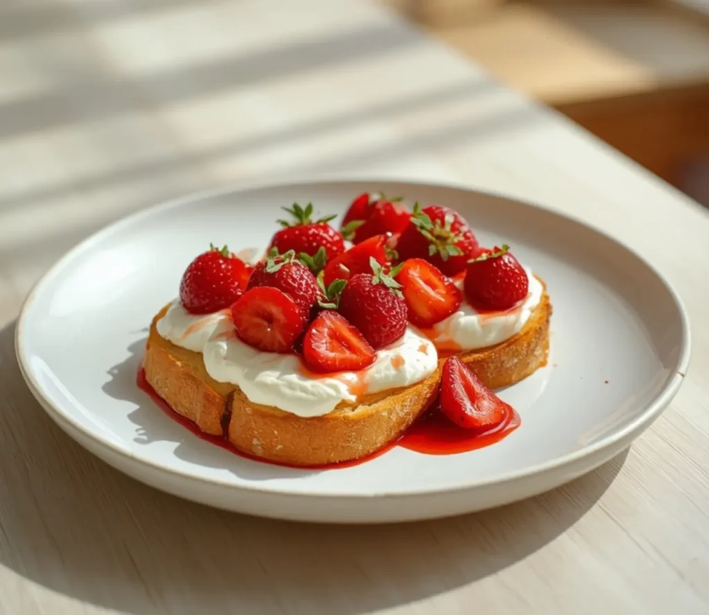 roasted strawberry whipped ricotta toast: : Roasted strawberry whipped ricotta toast on a plate with creamy topping and sweet berries.