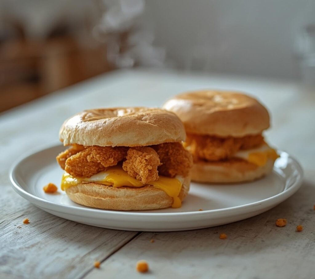 Golden fried chicken buns with melted cheese on a table, perfect for family dinner.