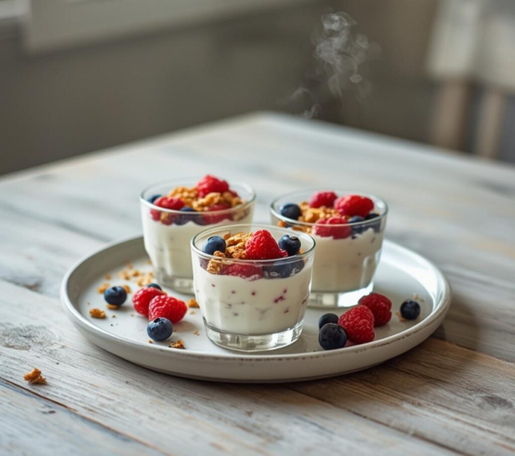 Frozen yogurt granola cups with berries served on a table, featuring colorful layers of yogurt, granola, and fresh fruit.