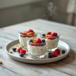 Frozen yogurt granola cups with berries served on a table, featuring colorful layers of yogurt, granola, and fresh fruit.
