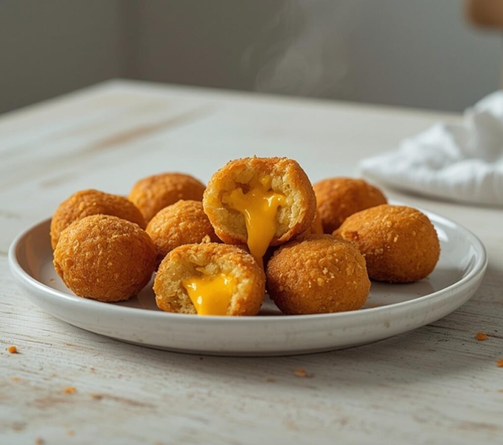 Golden crispy homemade mini corndogs with melted cheddar cheese filling on a serving platter