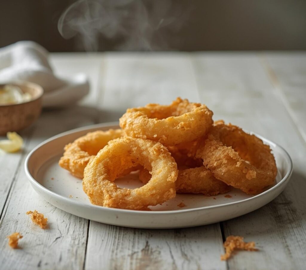 Golden crispy homemade onion rings piled on a serving platter, showcasing their light crunchy texture and golden-brown batter.