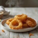 Golden crispy homemade onion rings piled on a serving platter, showcasing their light crunchy texture and golden-brown batter.