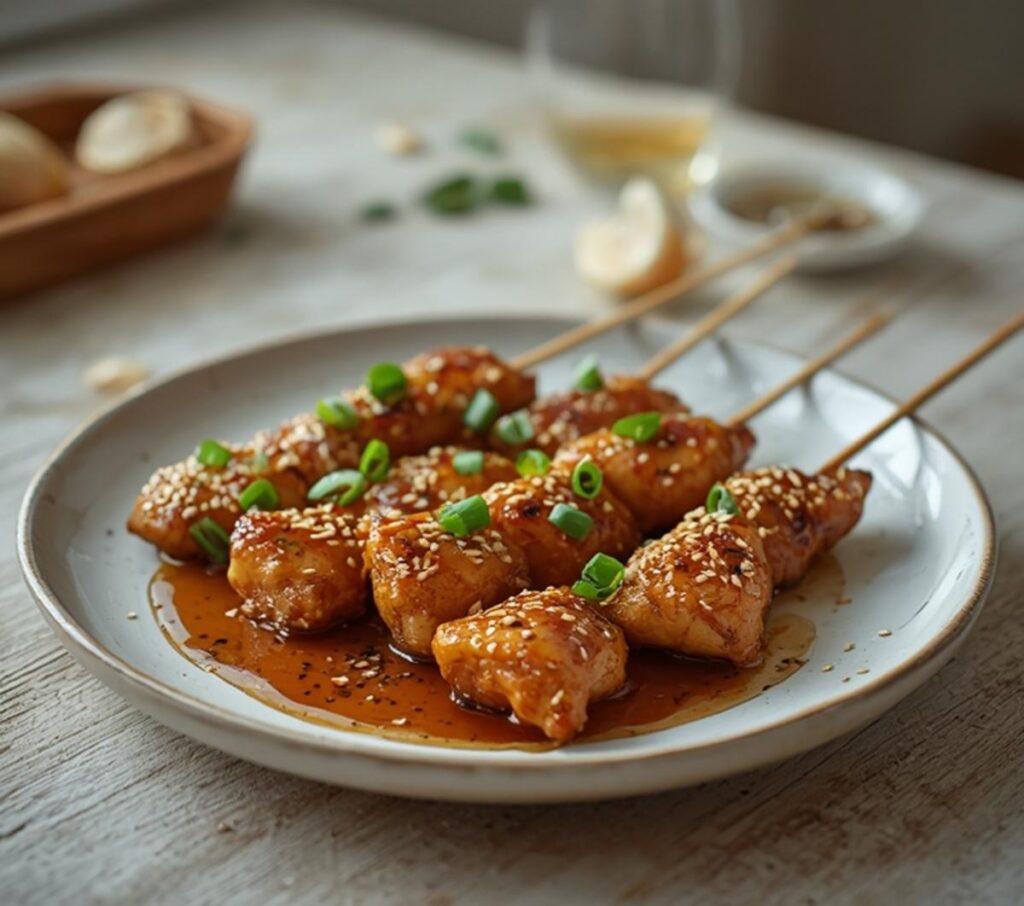 Grilled honey garlic chicken skewers on a plate with sesame seeds and green onions.