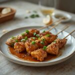 Grilled honey garlic chicken skewers on a plate with sesame seeds and green onions.