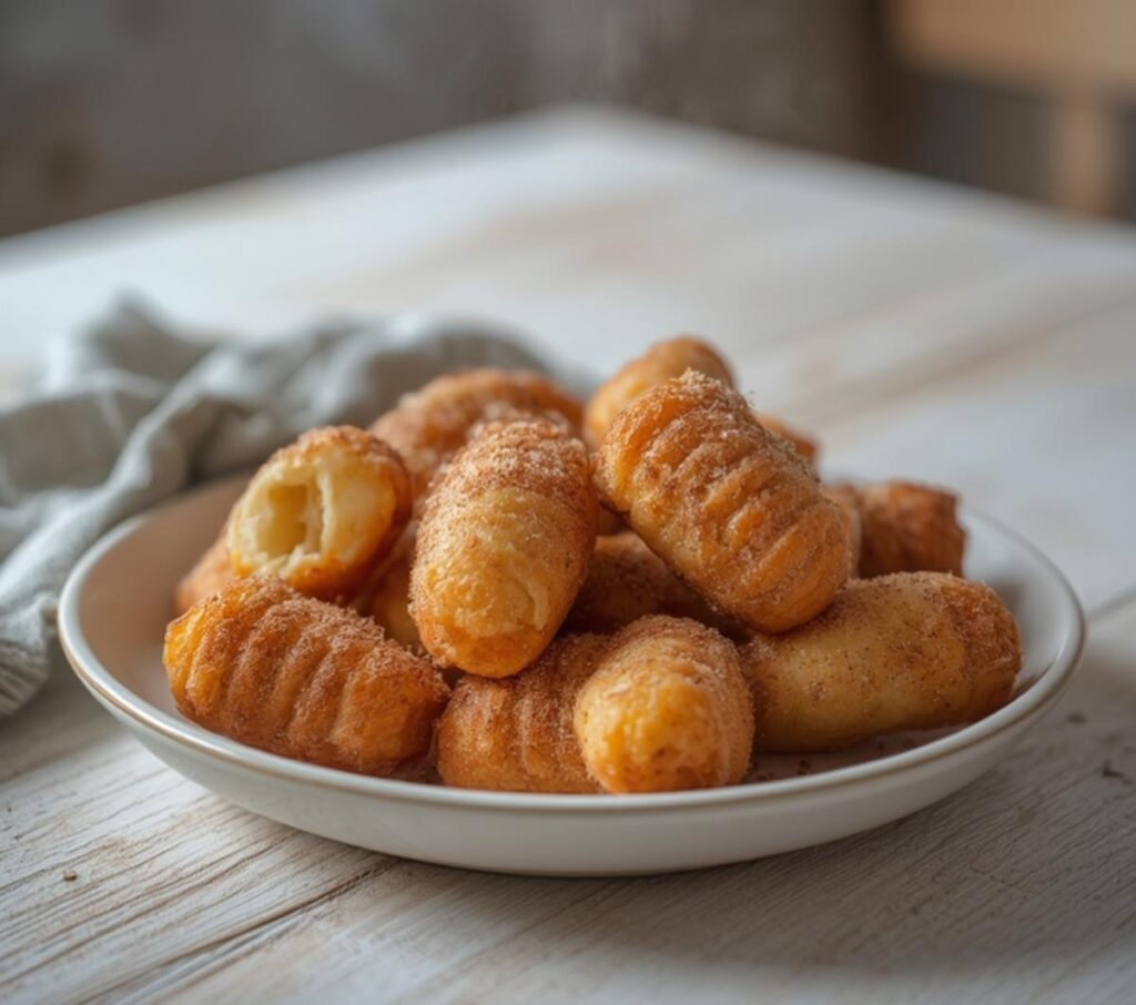 Golden brown, sugar-dusted homemade churros on a plate with a dipping sauce, showcasing the irresistible homemade churros recipe.