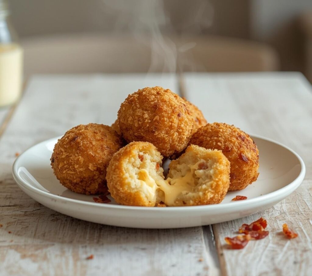 A plate of golden brown loaded mashed potato balls, crispy and ready to eat, with visible bits of cheese and bacon.