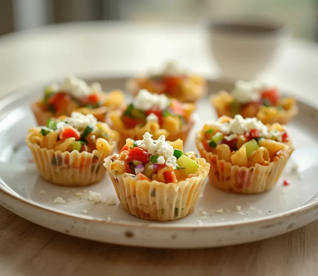 pasta salad cups recipe: pasta salad cups recipe: Colorful pasta salad cups recipe with tomatoes and feta