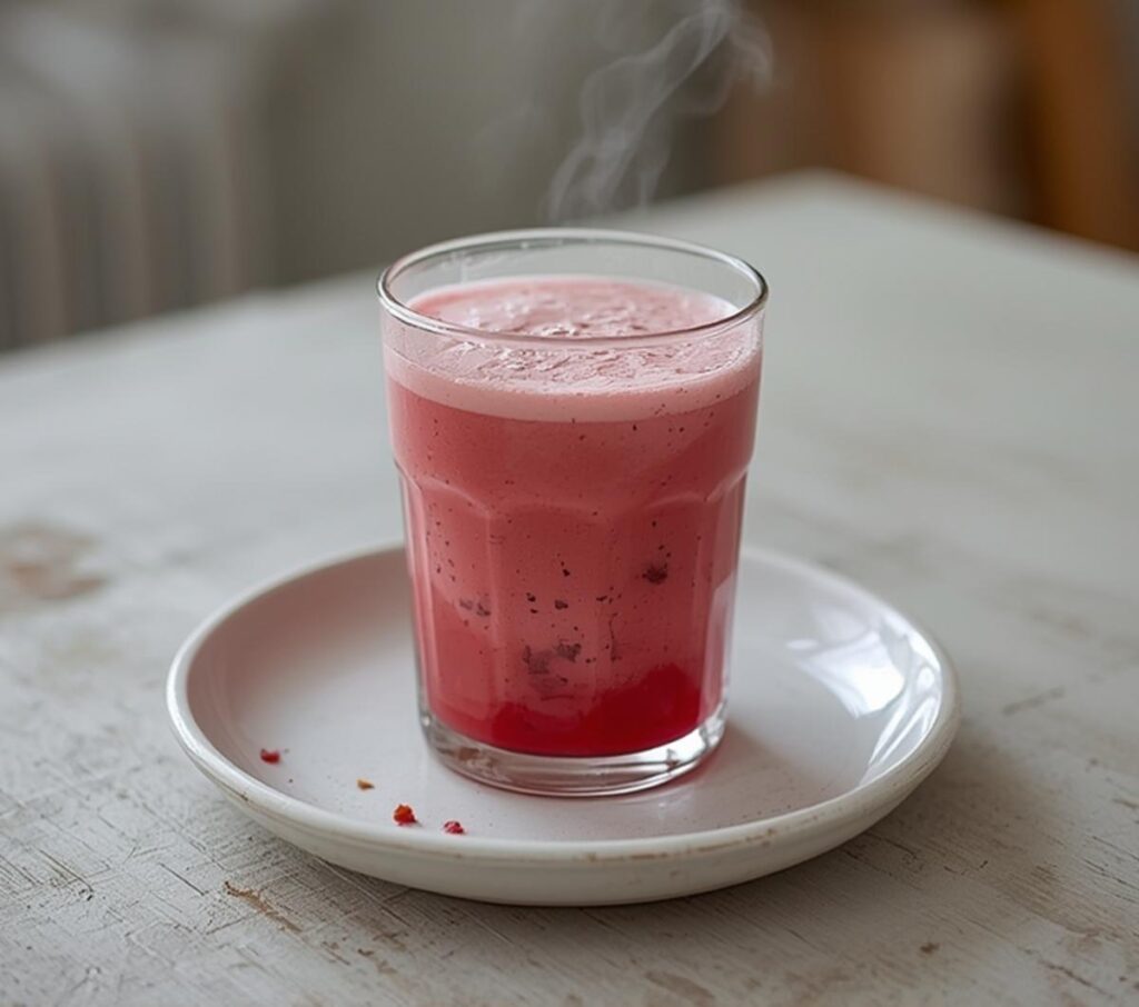 A vibrant pink raspberry colada twist drink in a glass with tropical garnish on a table.