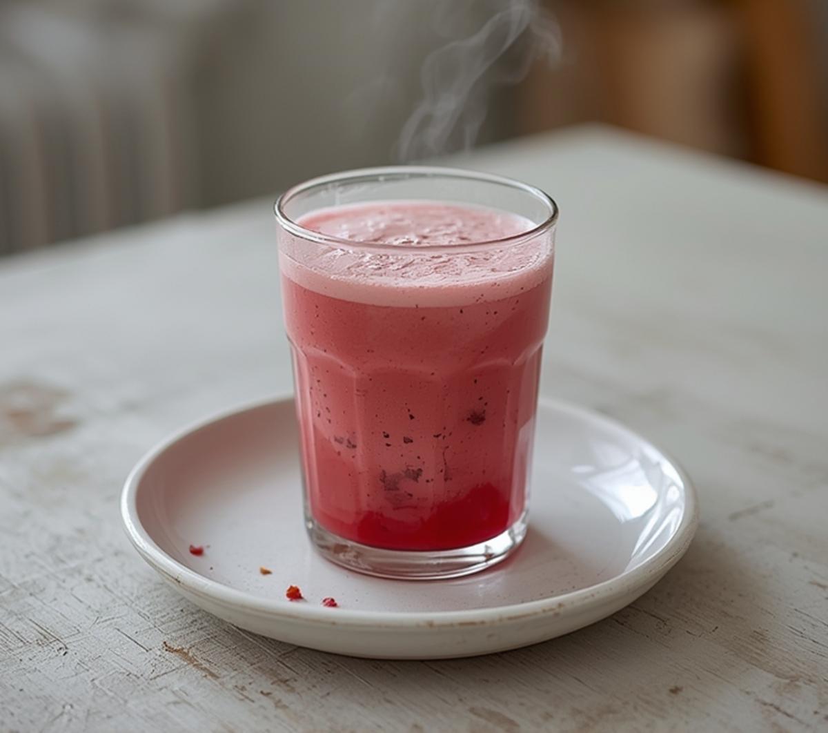 A vibrant pink raspberry colada twist drink in a glass with tropical garnish on a table.