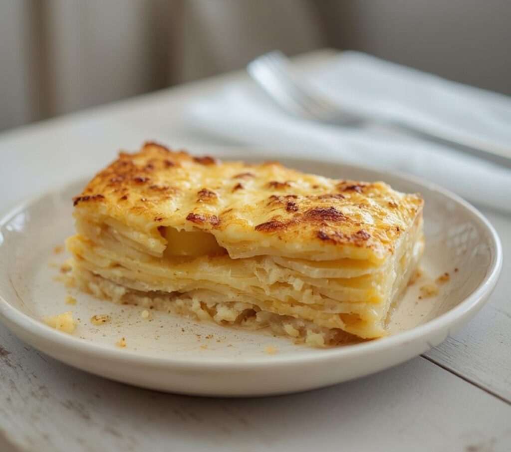 A golden baked dish of roasted garlic potatoes au gratin with bubbly cheese on top.