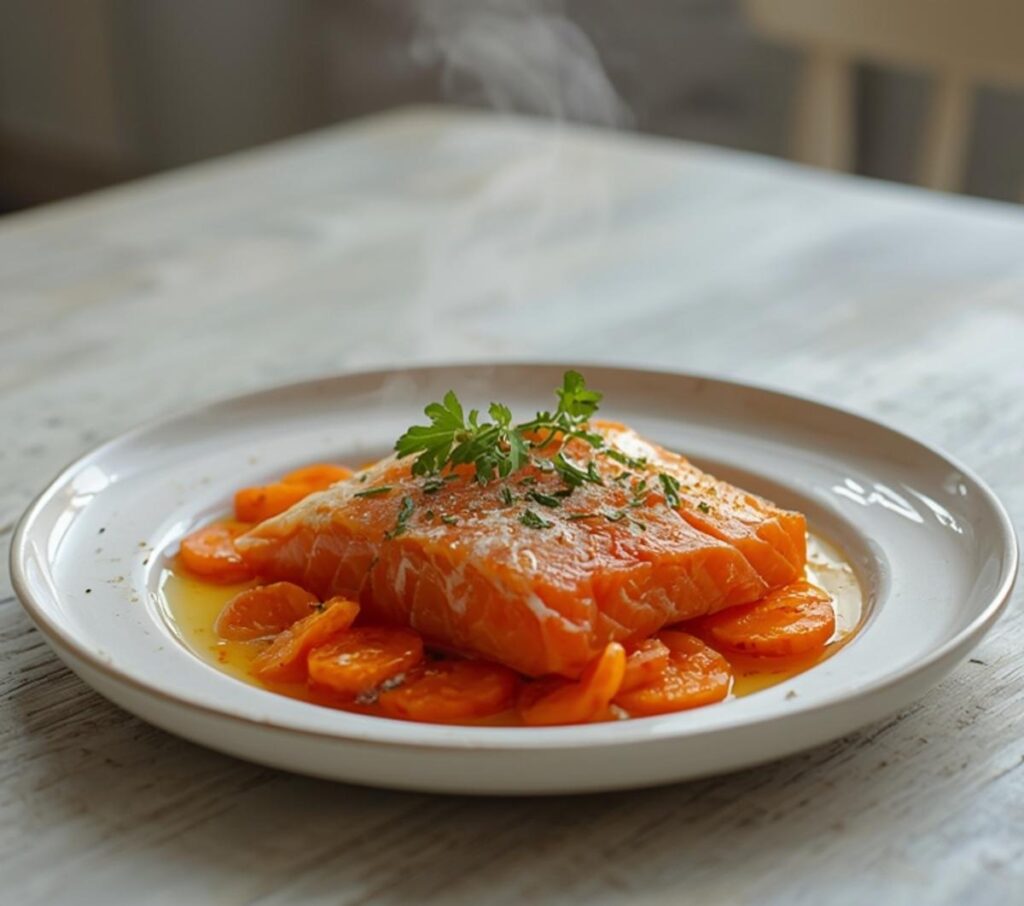 A plated serving of spicy salmon crudo with carrots, featuring bright colors and crispy textures for a fresh appetizer.