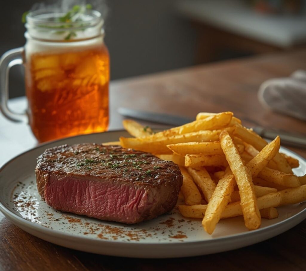 A plated steak frites recipe showing a juicy steak and golden crispy fries, a classic dinner dish.