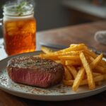A plated steak frites recipe showing a juicy steak and golden crispy fries, a classic dinner dish.