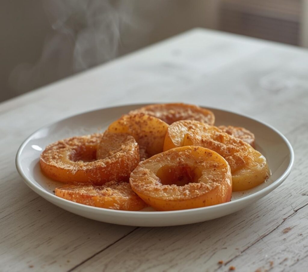 Golden crispy air fryer apple fries on a plate, sprinkled with cinnamon sugar, ready to eat.