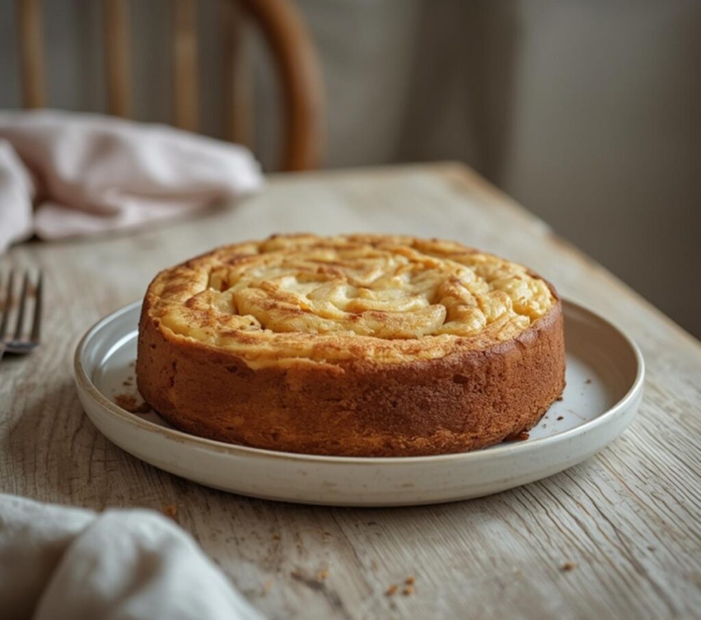 A golden brown apple cinnamon sheet cake with visible apple pieces and cinnamon swirls, served on a table.