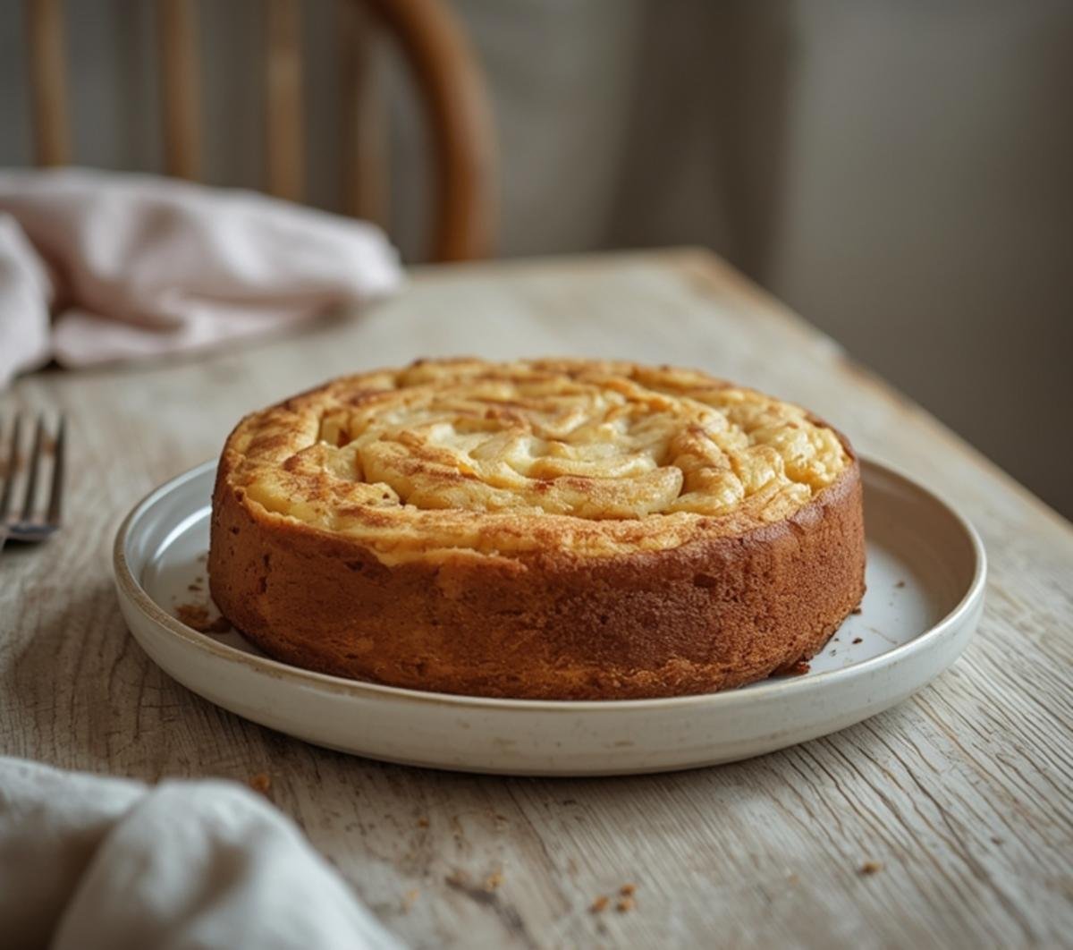 A golden brown apple cinnamon sheet cake with visible apple pieces and cinnamon swirls, served on a table.