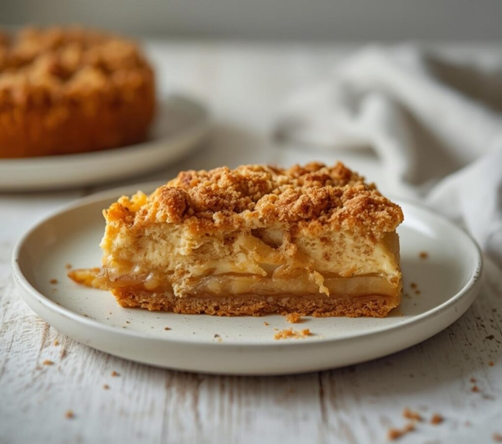 Apple crumble cheesecake with biscoff crust, spiced cheesecake layer, cinnamon apples, and buttery crumble topping served on a table.