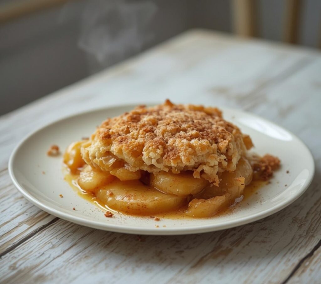 A baked apple crumble recipe with a golden topping, served in a ceramic dish on a wooden table.