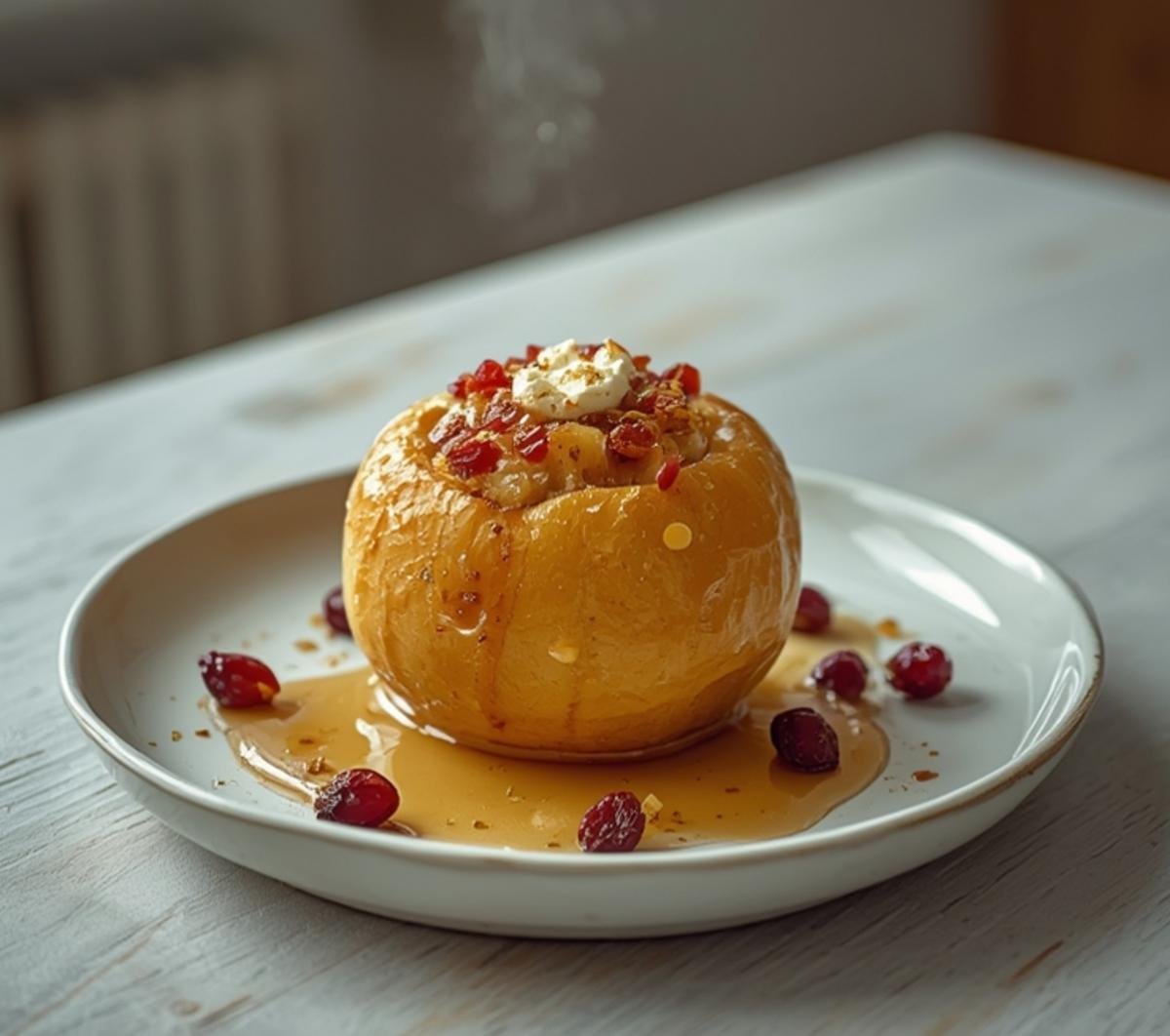 Baked apples with feta, honey, and cranberries served on a table, showcasing stuffed fruit with melted cheese and berries.