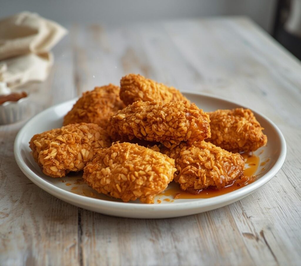 Golden brown baked crunchy hot honey chicken on a sheet pan with a glossy glaze.