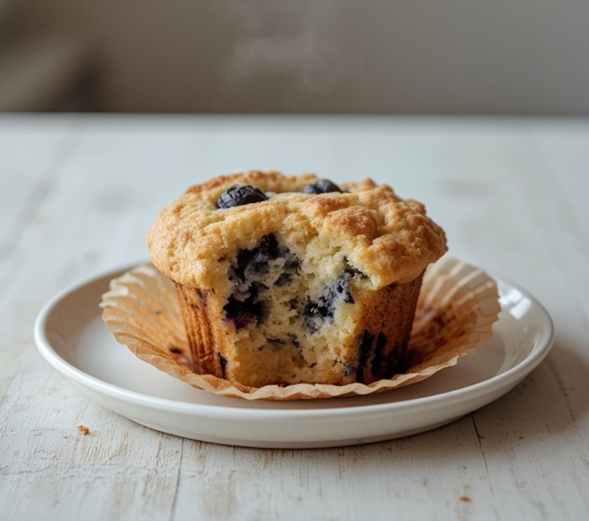 Freshly baked bakery style blueberry muffins with golden tops on a baking sheet, showcasing juicy blueberries.