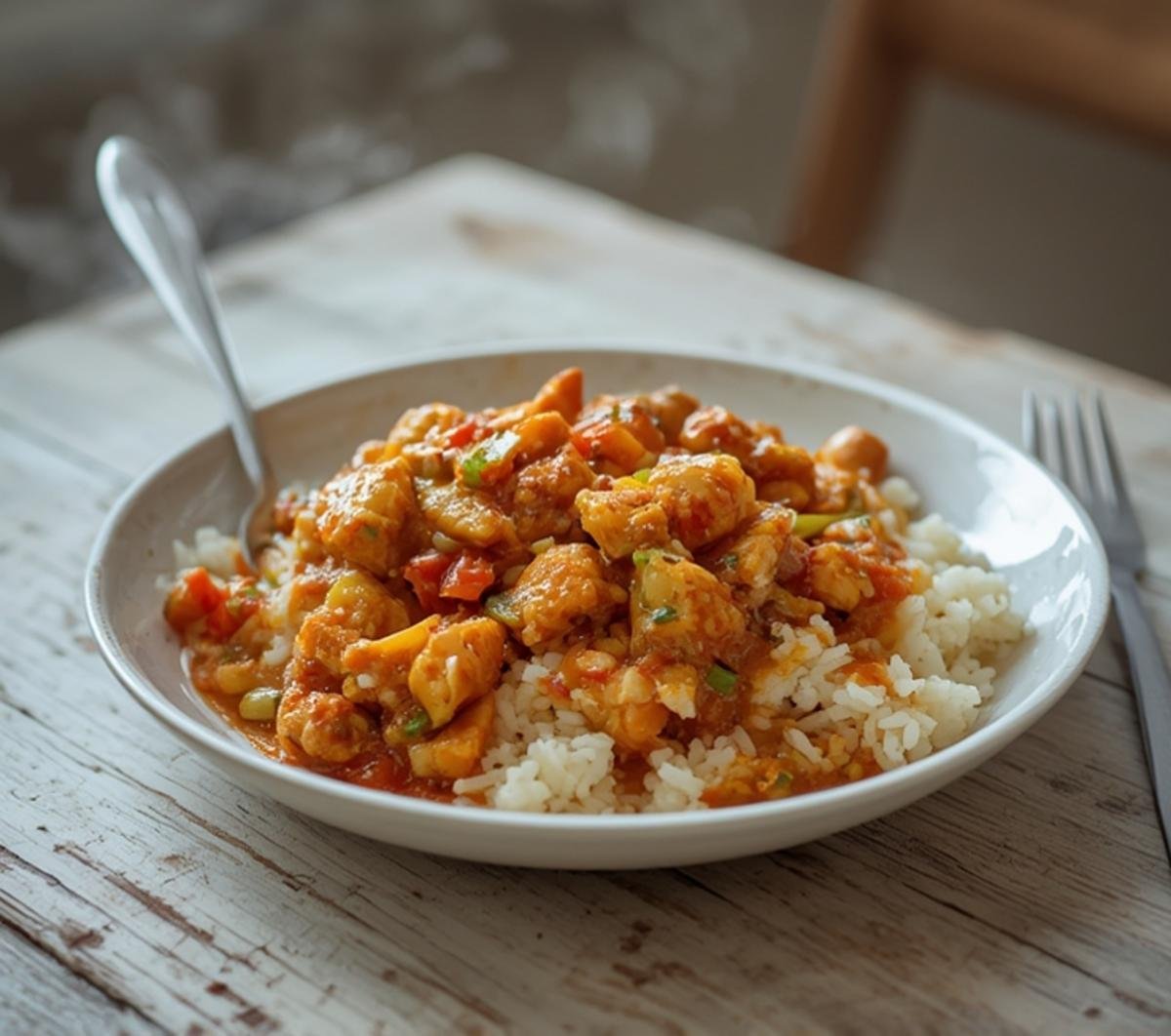 A vibrant plate of bang bang fried rice with chicken, eggs, and colorful vegetables in a spicy-sweet sauce.