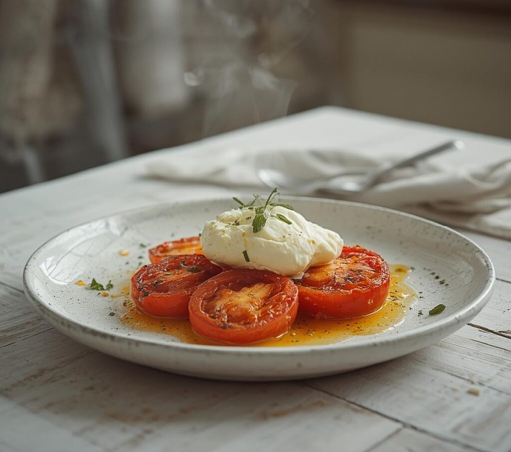 Platter of roasted tomatoes with burrata, showing golden tomatoes and creamy white cheese
