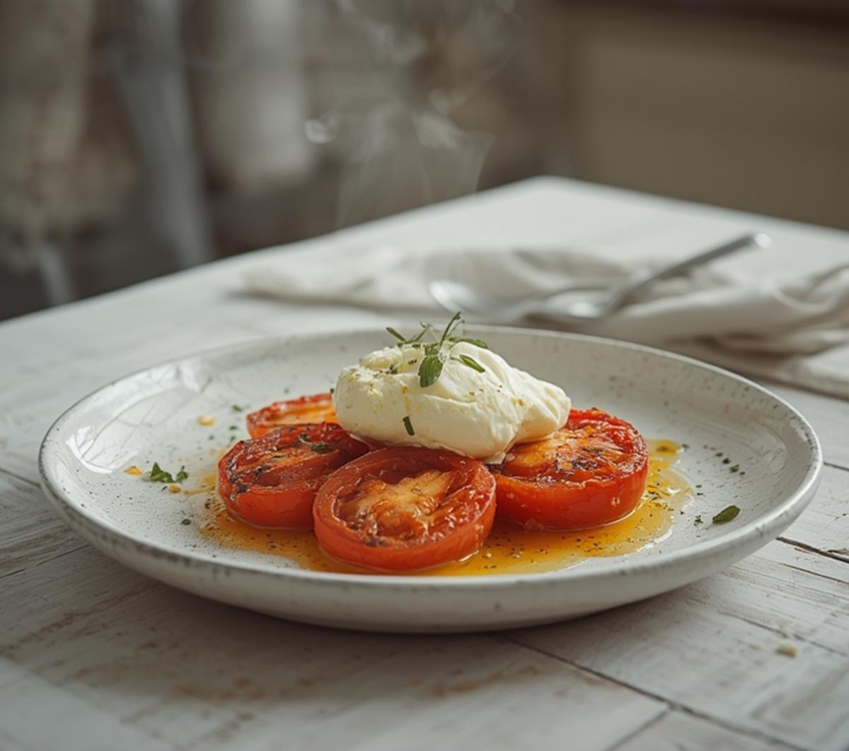 Platter of roasted tomatoes with burrata, showing golden tomatoes and creamy white cheese