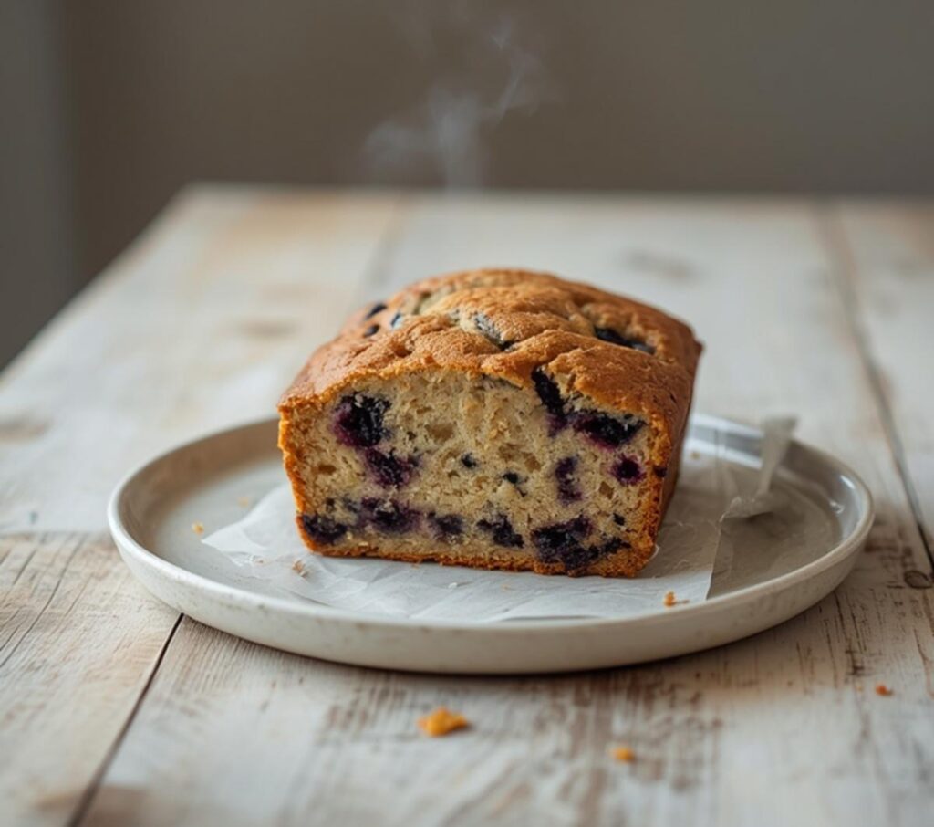 A loaf of freshly baked vegan blueberry banana bread on a wooden table, sliced to reveal moist interior with blueberries.