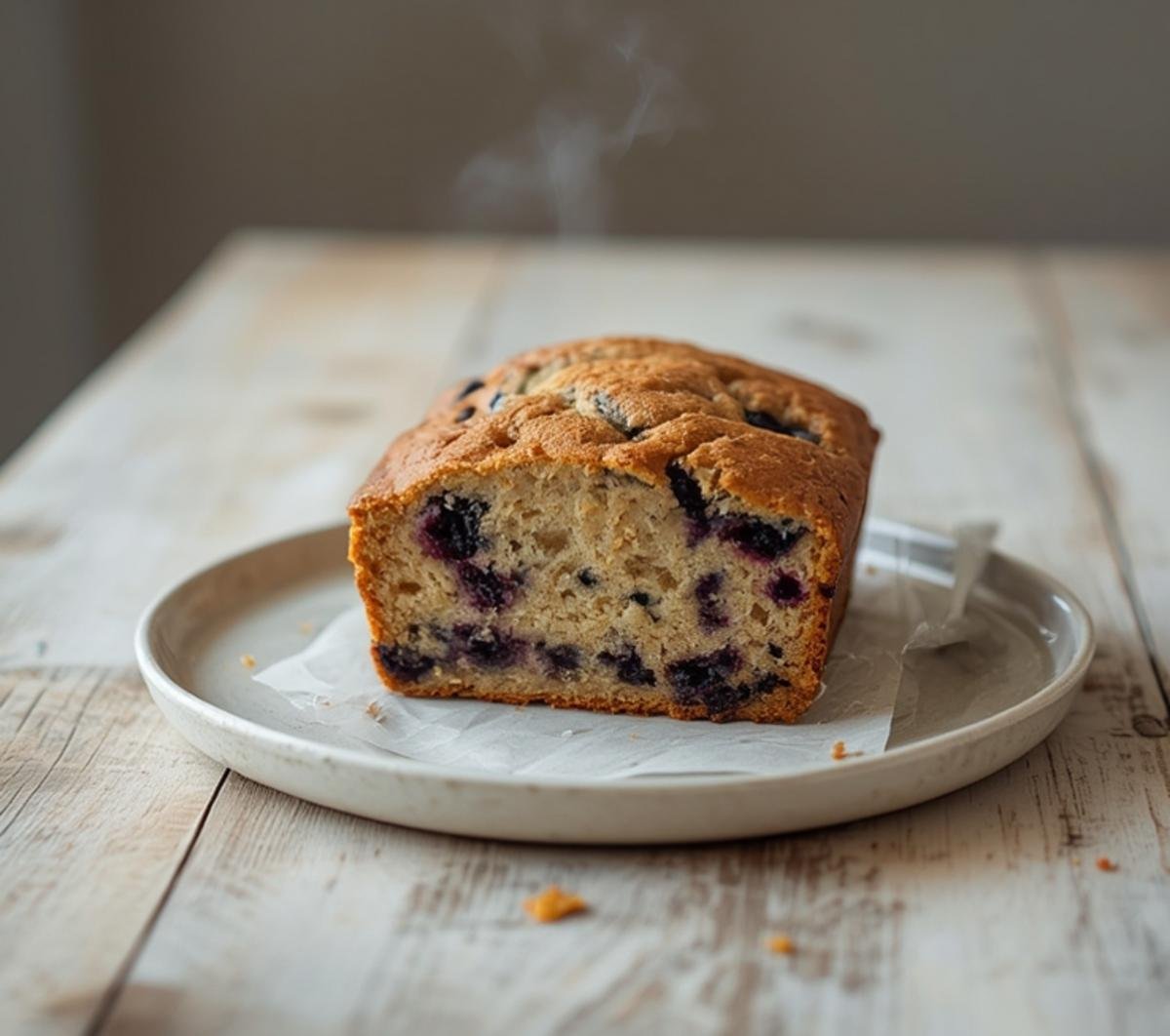 A loaf of freshly baked vegan blueberry banana bread on a wooden table, sliced to reveal moist interior with blueberries.