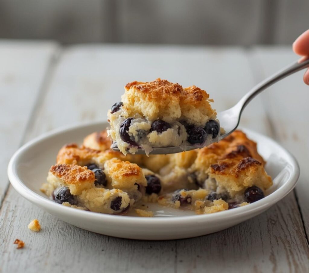 Golden baked blueberry french toast casserole in a baking dish, ready to serve for breakfast.