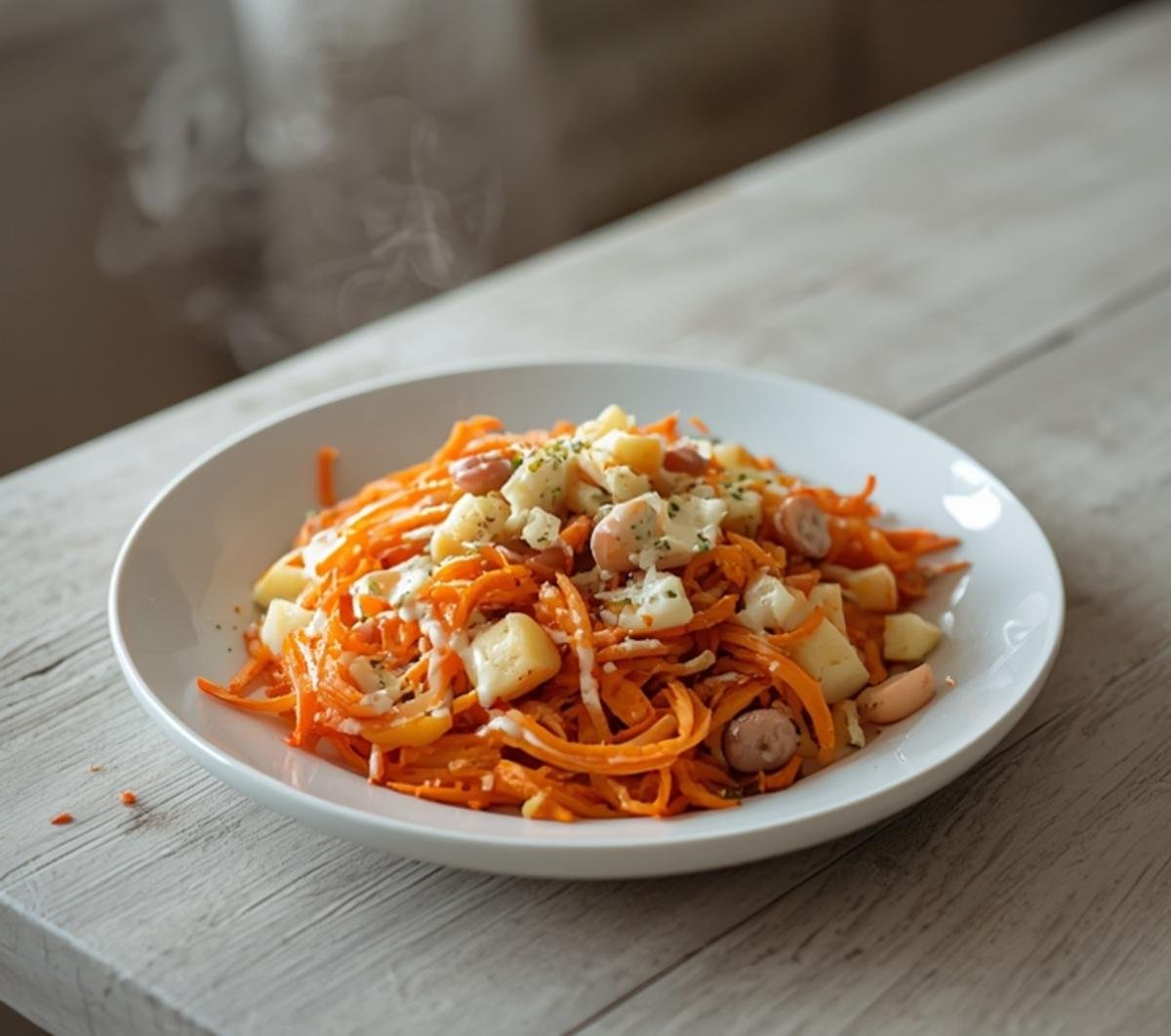 A beautiful bowl of carrot apple salad with grated carrots and apple chunks, showcasing a vibrant orange and green color palette.