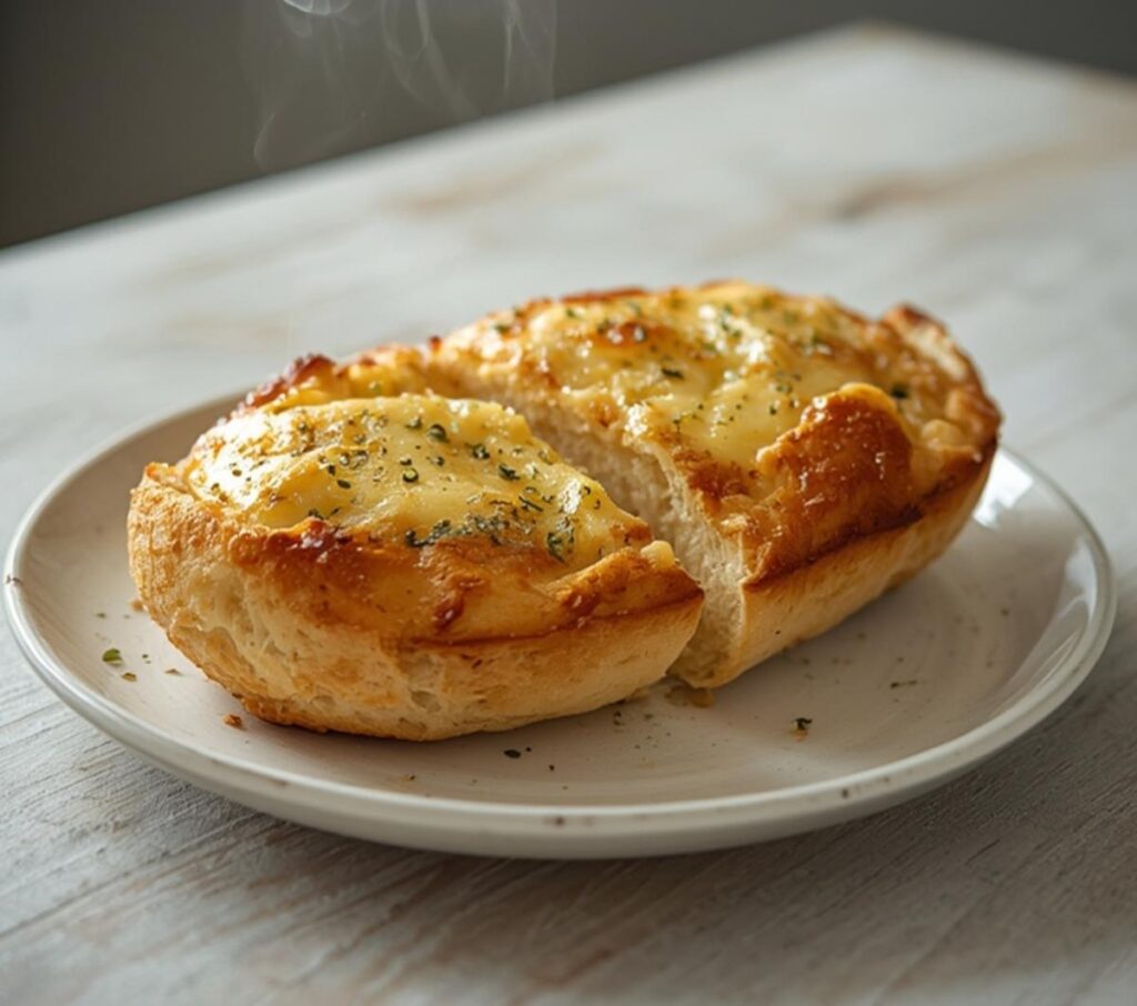 A golden-brown cheesy garlic bread made with Hawaiian rolls, served as a side dish on a festive dinner table.