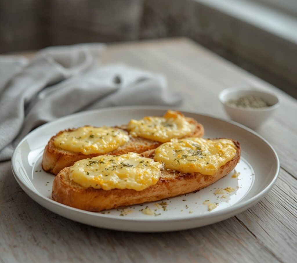 A golden-brown cheesy garlic bread recipe on a table, melted cheese bubbling over buttery garlic topping.