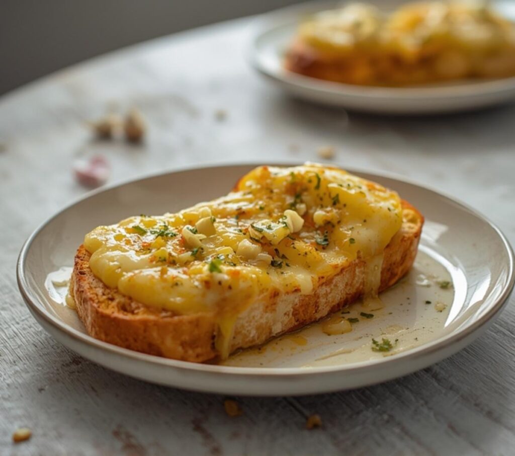Golden baked cheesy garlic bread with melted cheese on a table, ready to serve as a side dish.