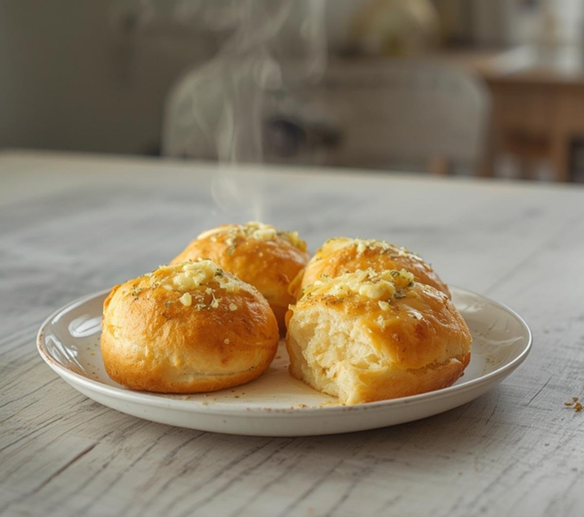 Golden cheesy garlic rolls arranged on a table, showing a soft, buttery texture and melted cheese.