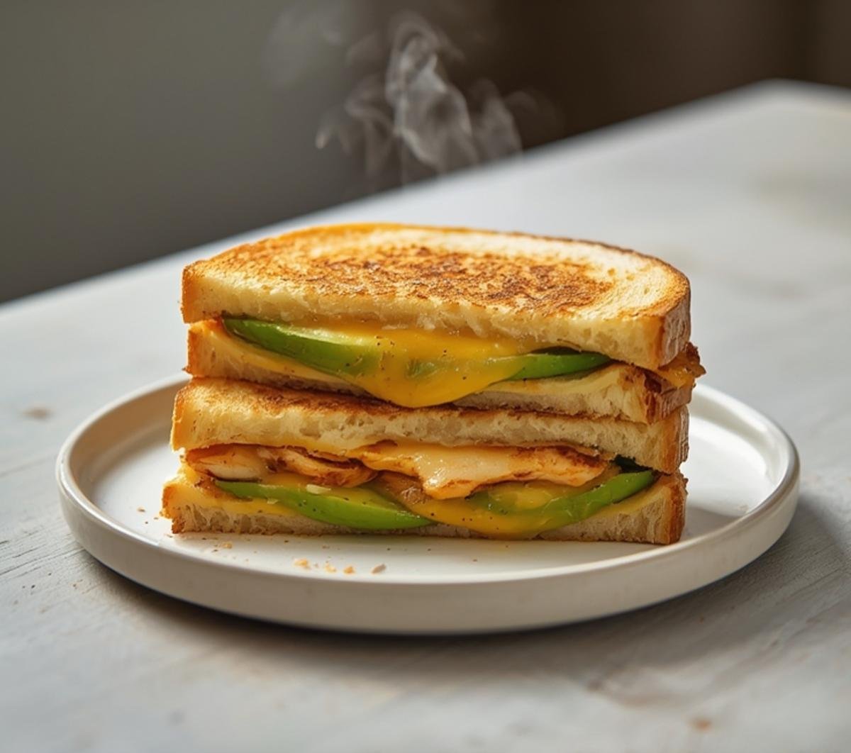 A complete chicken avocado melt sandwich with grilled chicken, avocado, and melted cheese on toasted bread, served on a table.