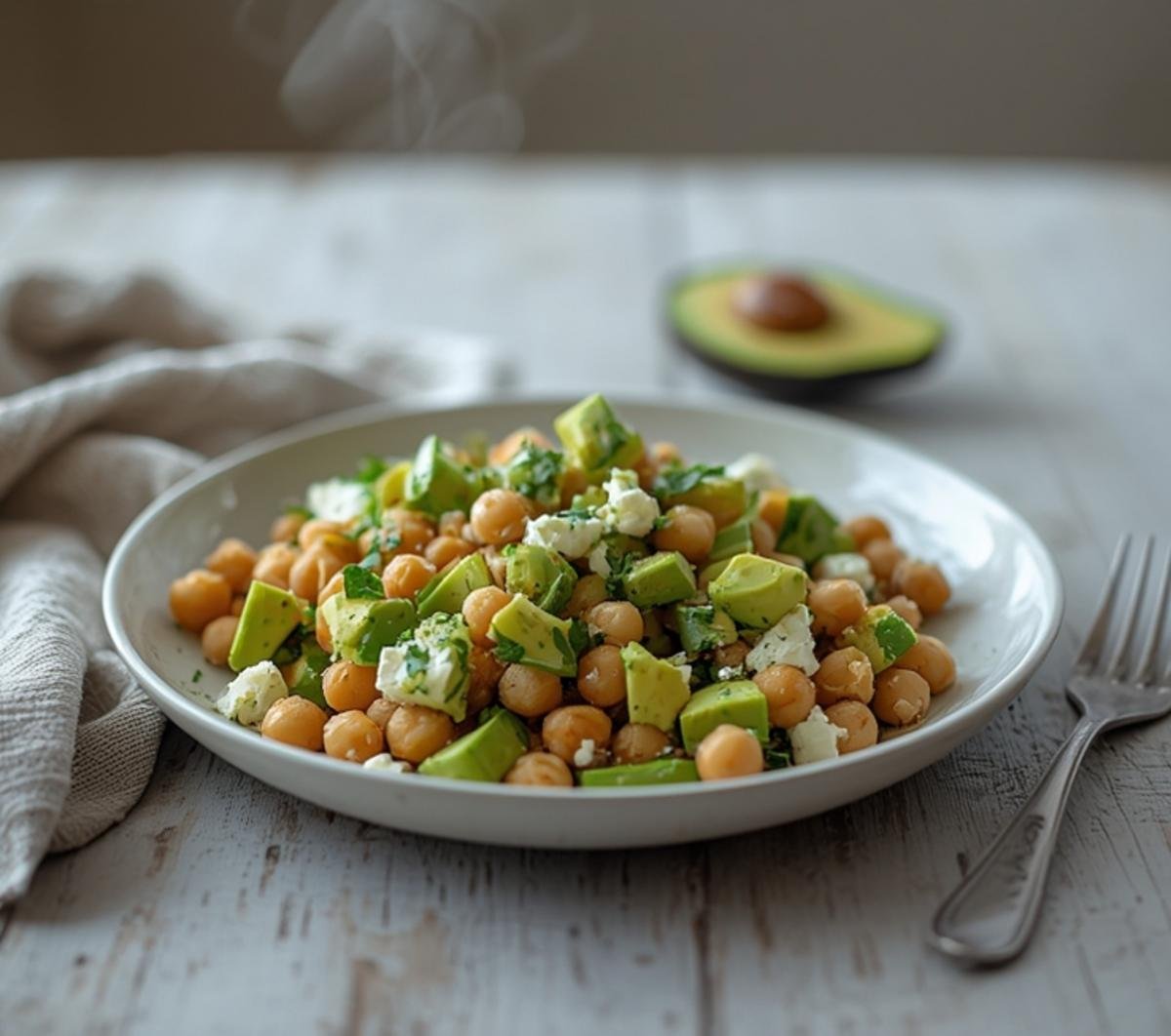 A vibrant bowl of chickpea feta avocado salad with colorful vegetables and creamy avocado, ready to serve.