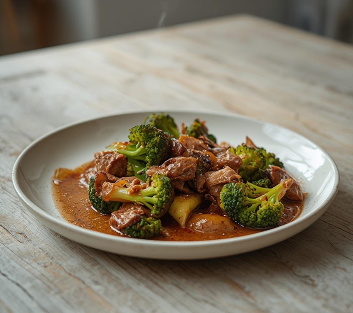 Chinese beef and broccoli in a brown sauce with tender beef and crisp broccoli served over steamed rice.