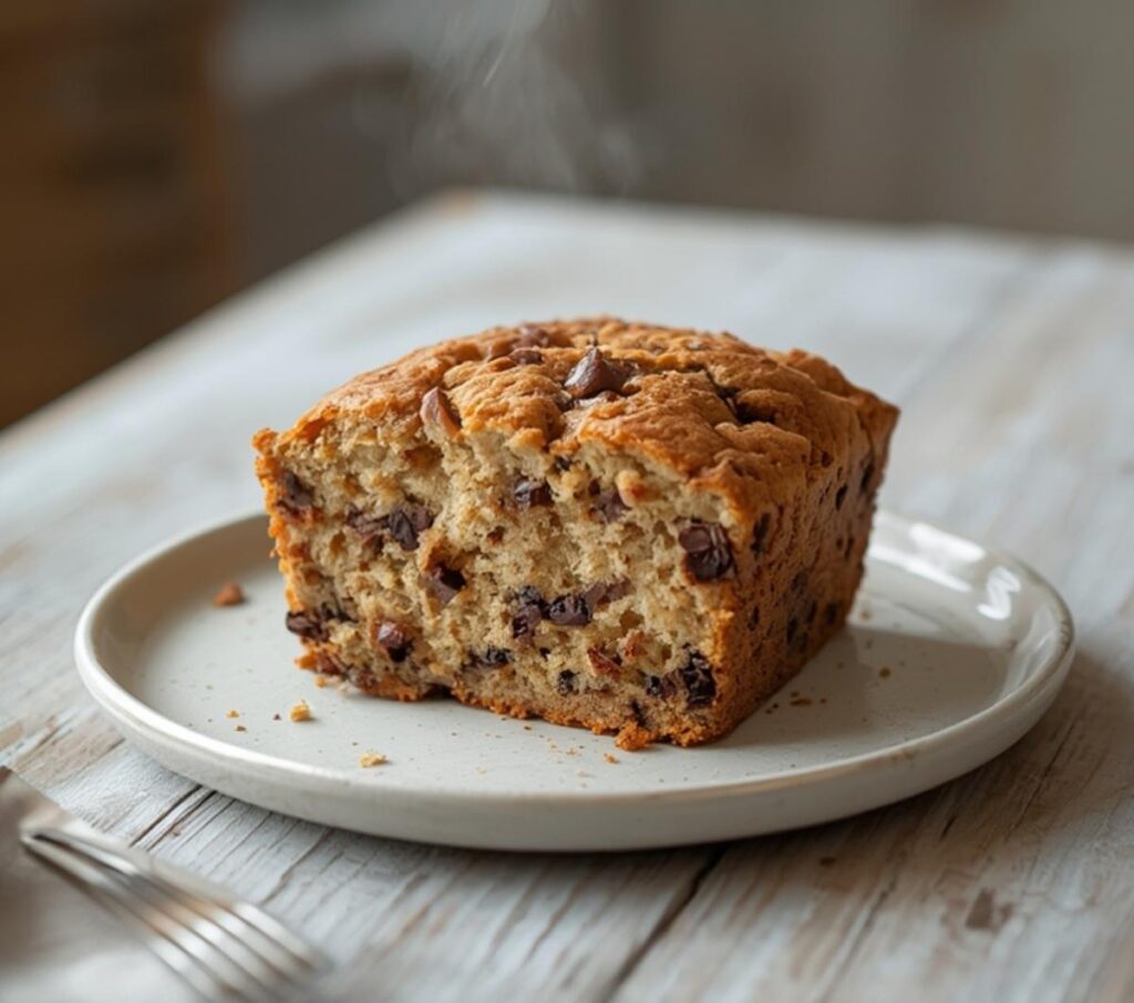 A golden brown chocolate chip banana bread loaf with visible chocolate chips on a rustic table.