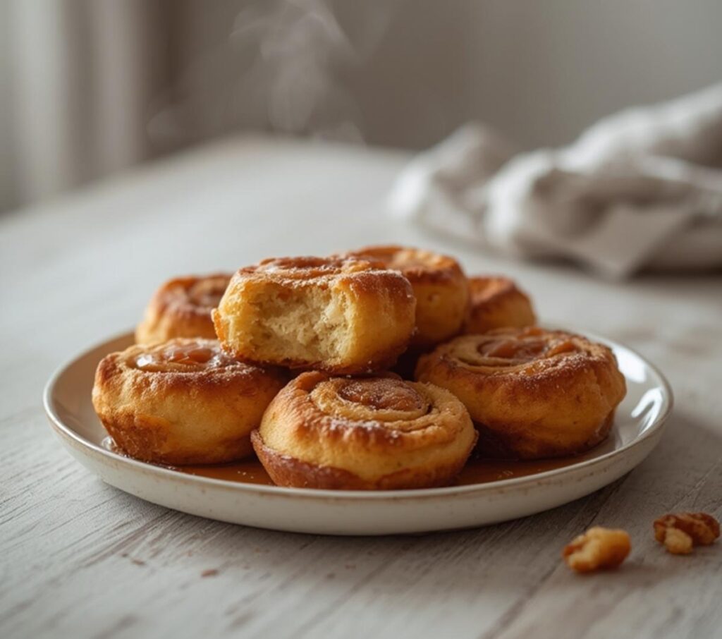 Cinnamon roll french toast bites plated and served, showing golden-brown pieces with a sweet glaze on top.