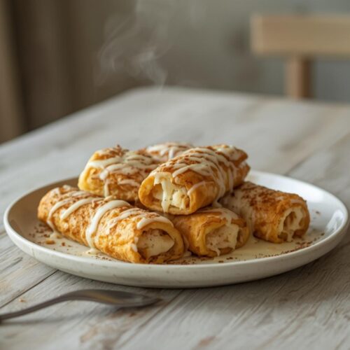 Perfect Saturday Breakfast Cinnamon Roll French Toast Roll-Ups 3 Cinnamon roll french toast roll-ups plated on a table with syrup drizzle.