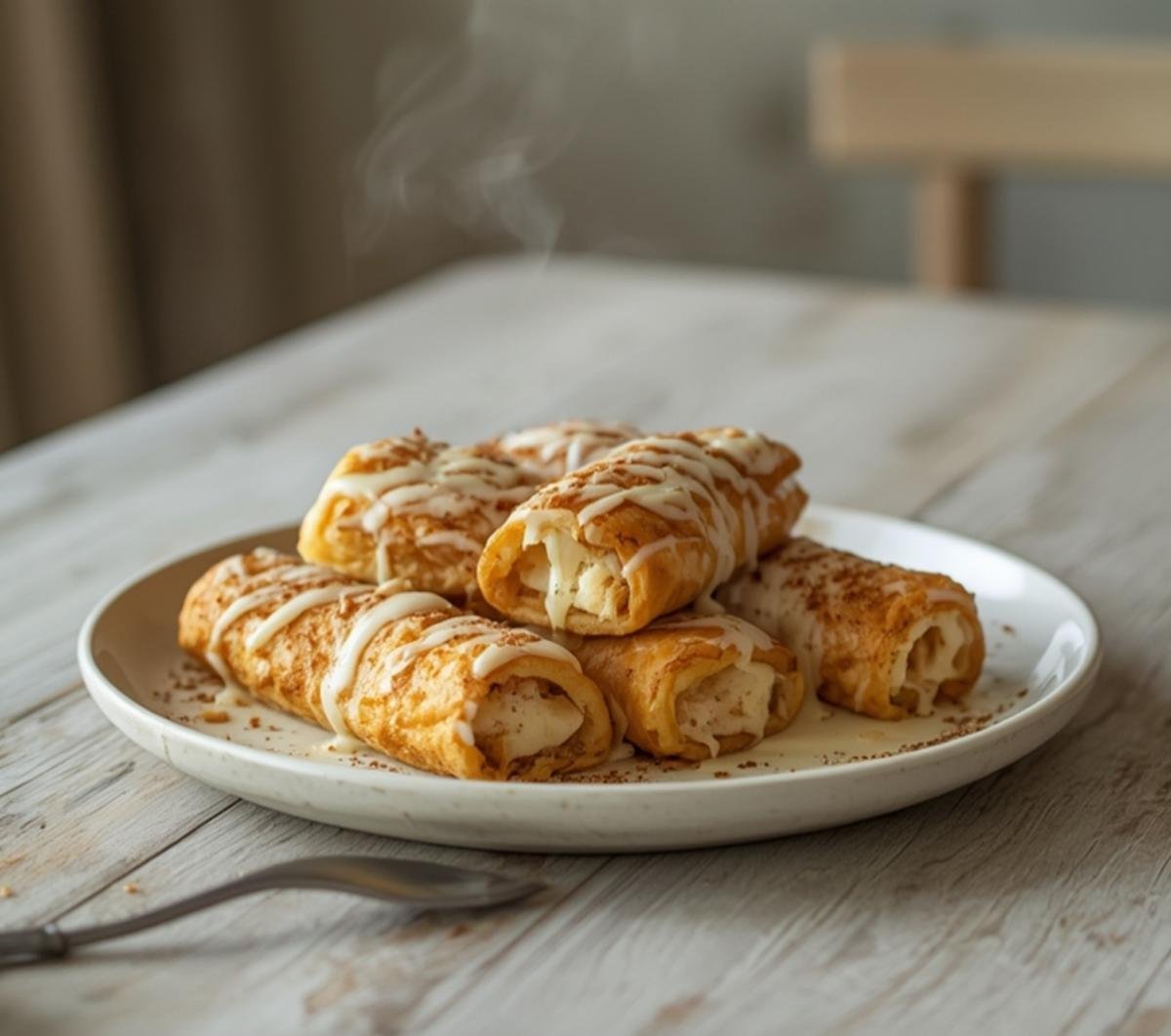 Cinnamon roll french toast roll-ups plated on a table with syrup drizzle.