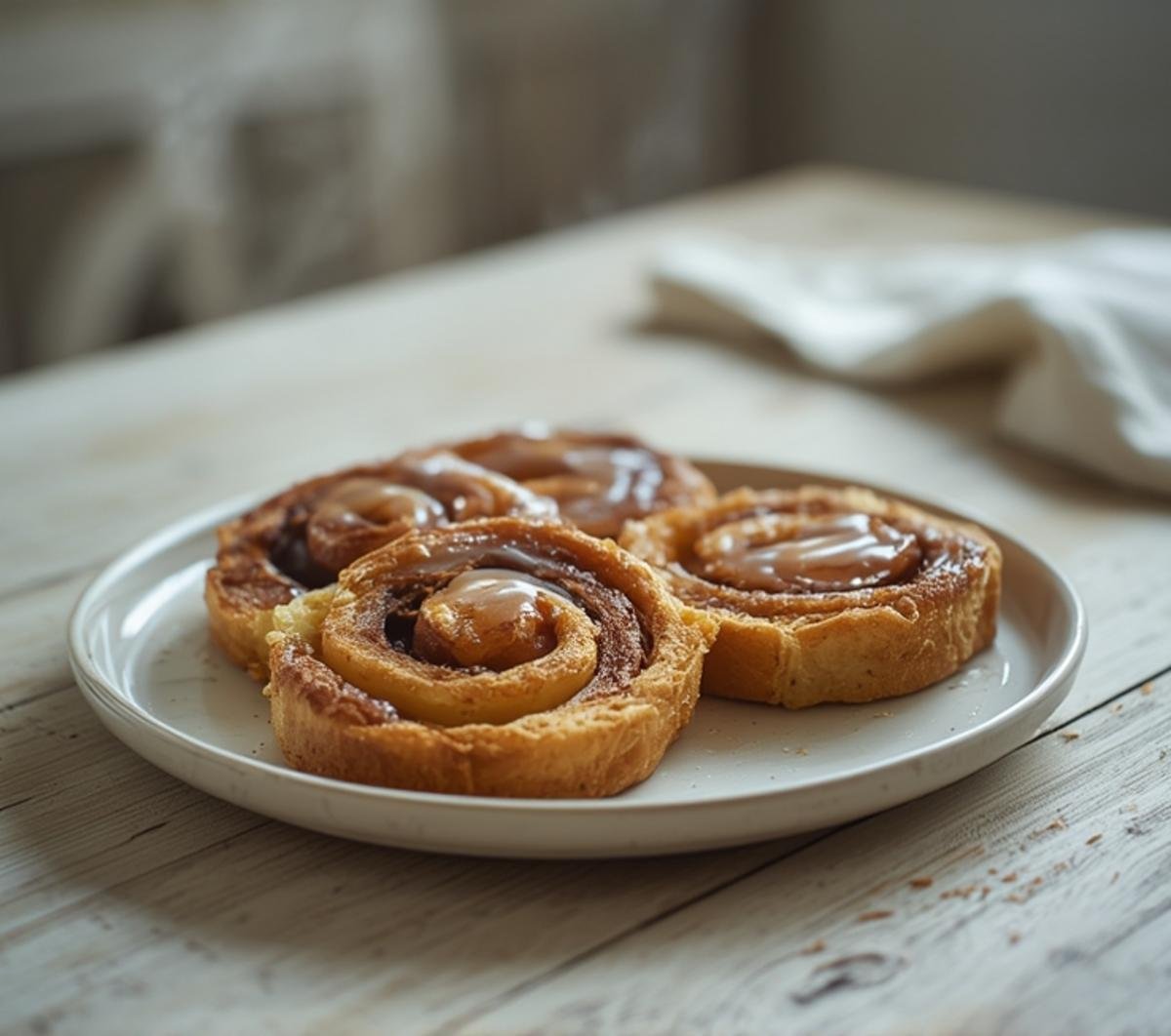 Golden brown Cinnamon Roll French Toast plated with a glossy glaze and visible cinnamon swirls.