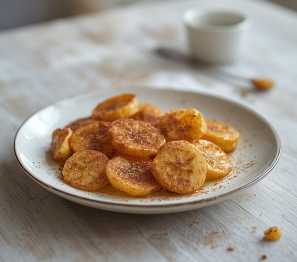 Cinnamon-sugar air fryer banana chips in a bowl, golden and crispy, perfect for snacking.